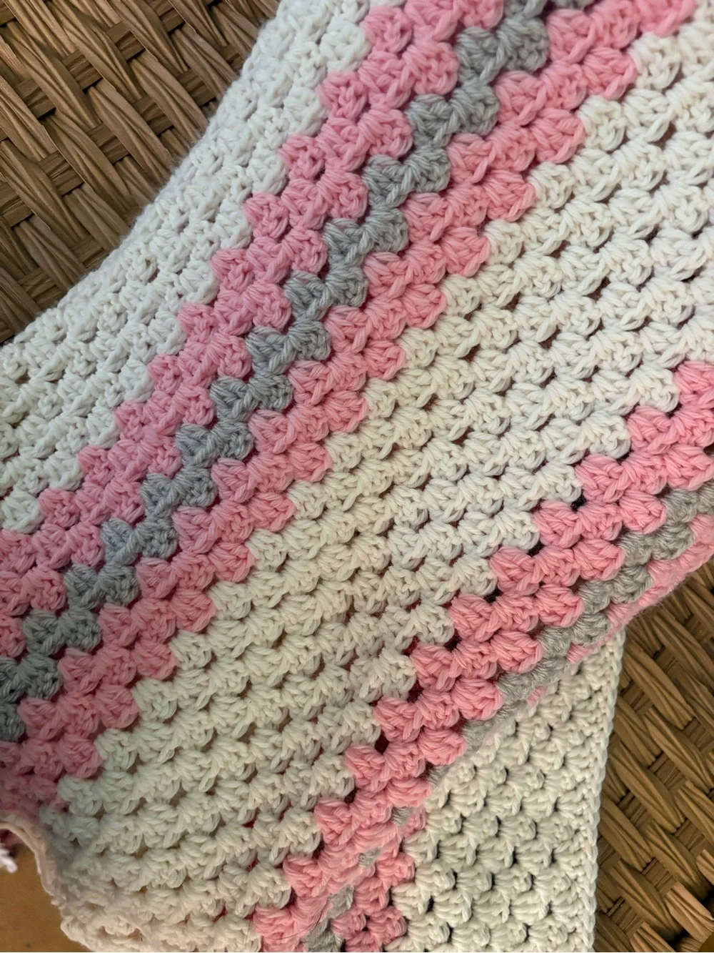Handmade Cream and Pink Crochet Fringe Throw Blanket by